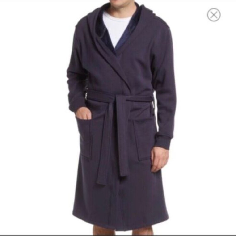 NWT UGG MEN'S PLUSH HOODED‎ LEELAND BATH ROBE NAVY BLUE M/L